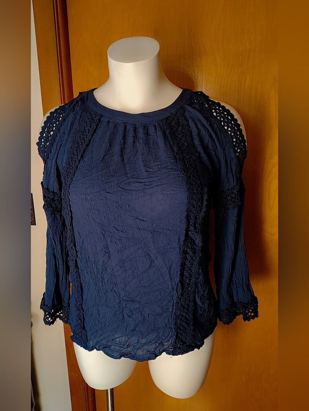 G.H. Bass & Co. Navy Blue Cold-Shoulder Lace Blouse